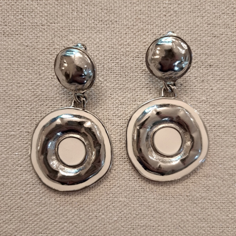 Contemporary and artsy silver and white clip on earrings
